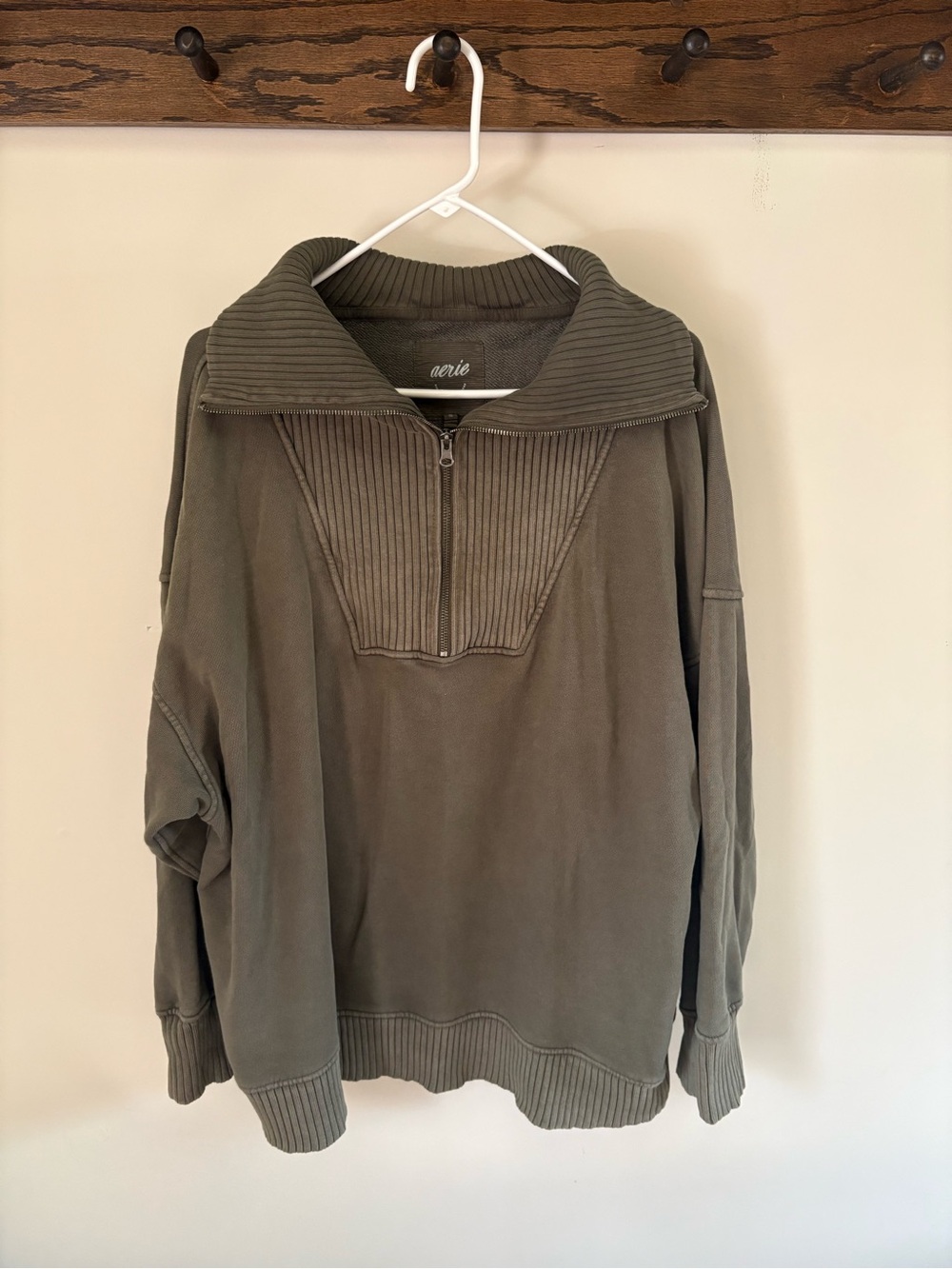 aerie Olive Half-Zip Ribbed Collar Sweater